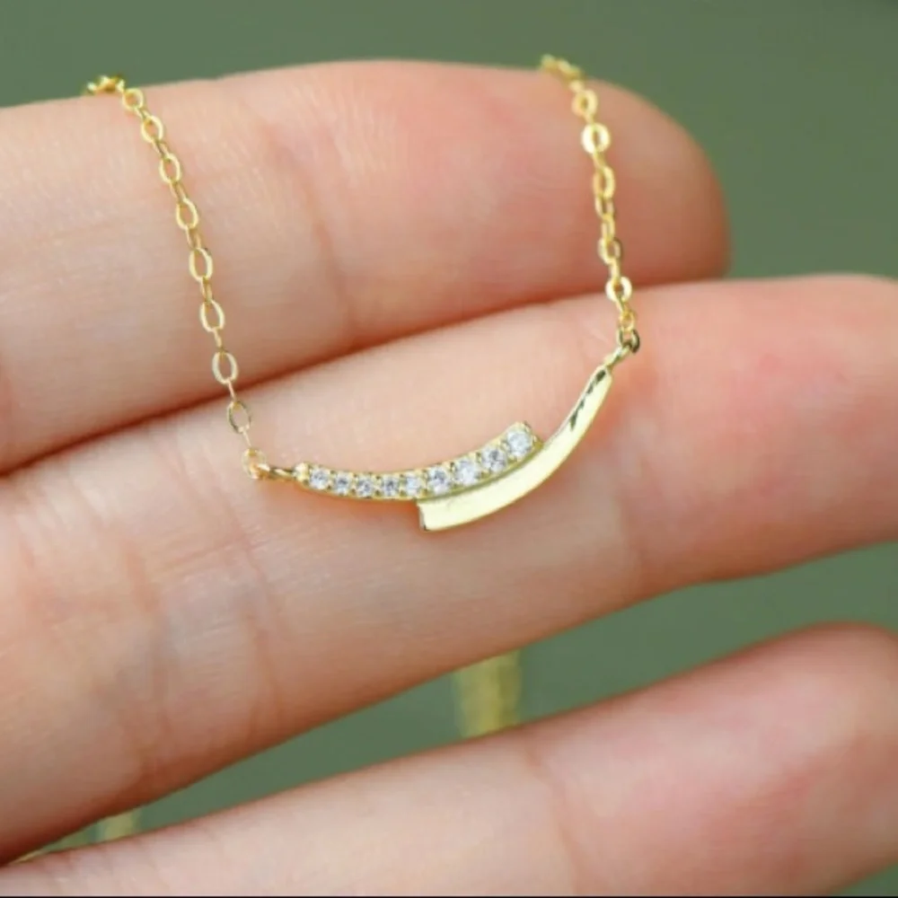 UltraDelicate Dainty 14K Gold Plated Pavé Crystal Arc Pendant Clavicle Necklace - Picture 1 of 10